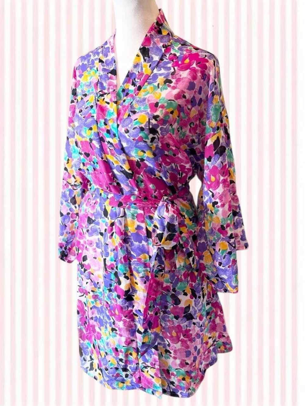 Vintage Abstract Floral Wrap Robe Kimono Dopamine Dressing Small